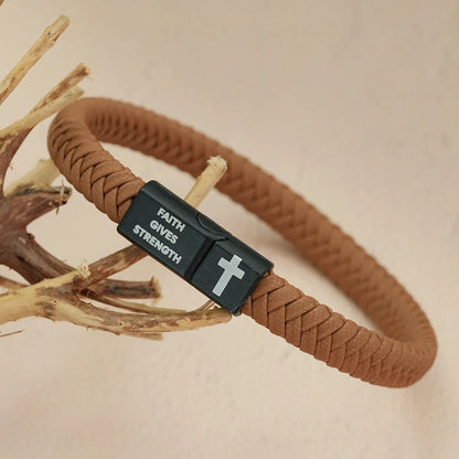 Faith Gives Strength 브레이드 가죽 십자가 팔찌