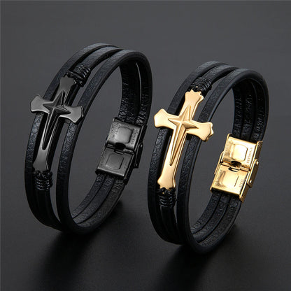 Pulseira Cruzada de Couro Multicamadas