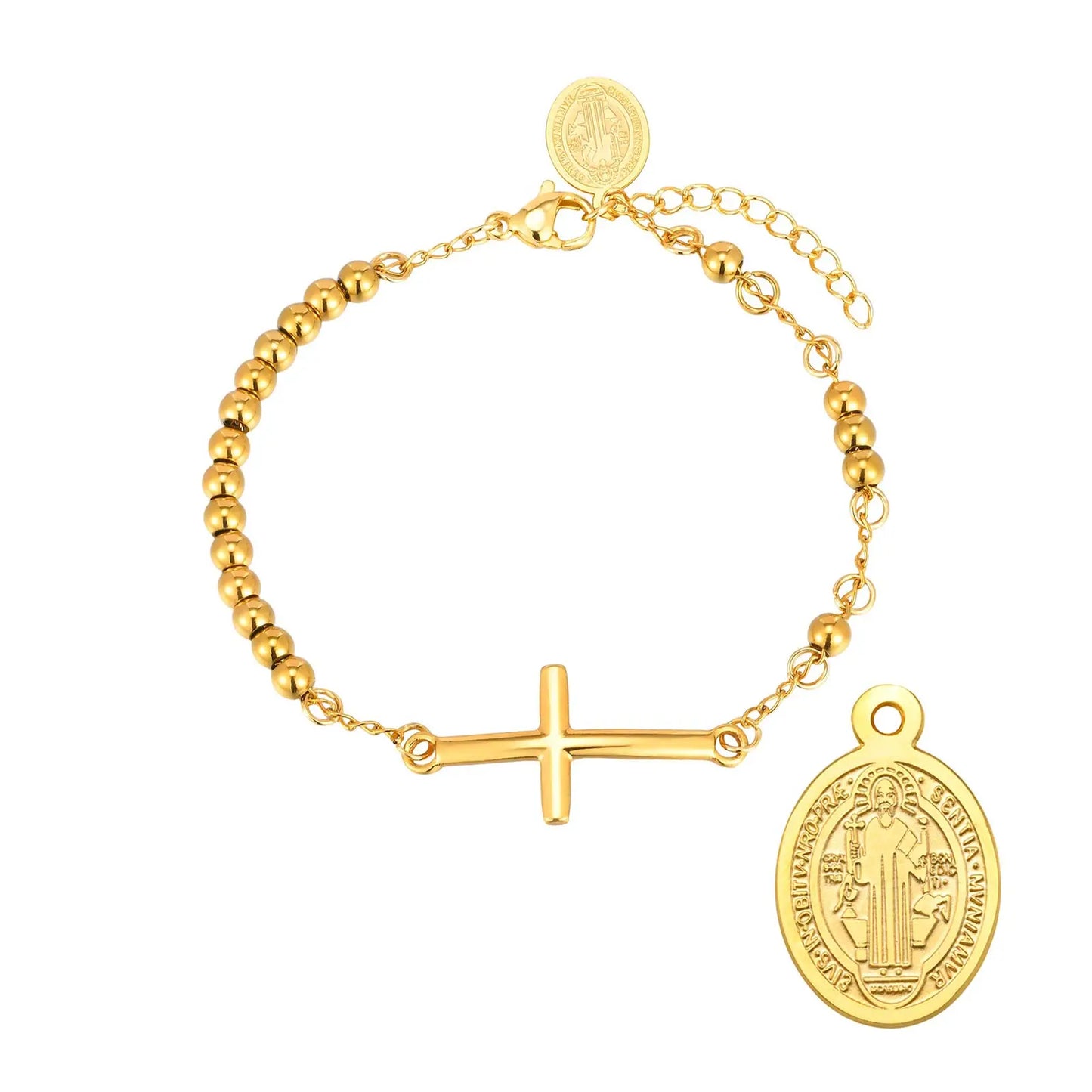 Pulseira Cruz e Medalha em Ouro
