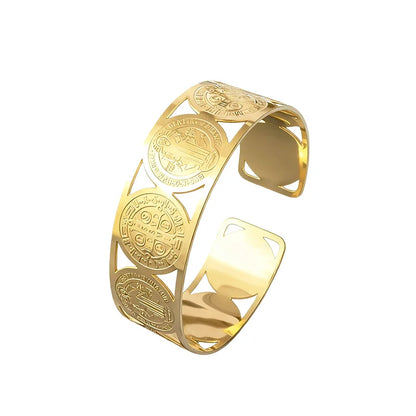 Manschettenarmband mit dem heiligen Benedikt – Katholischer Schmuck aus Edelstahl
