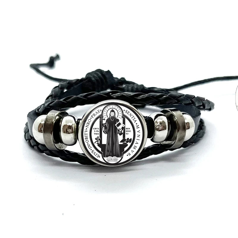 Benediktusmedaillen-Armband mit schwarzen geflochtenen Bändern